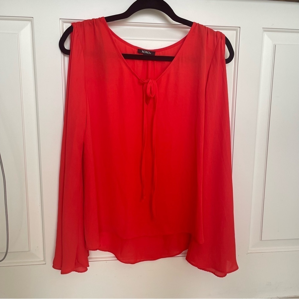 XOXO Blouse with Flare sleeves.Slit Through Sleeve and Key Hole neckline. Size S